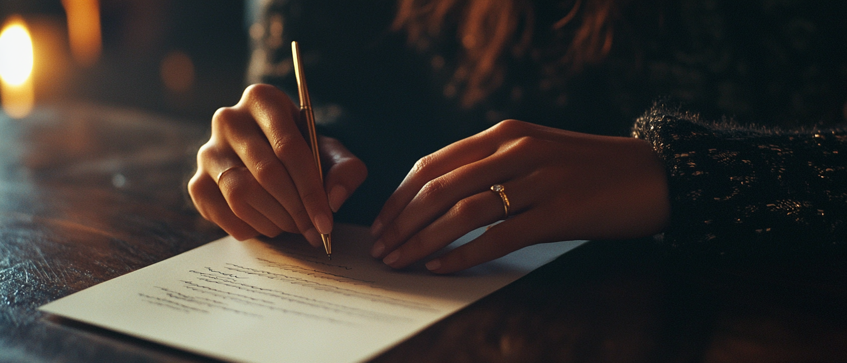 Detail-Schreibszene mit Kerzenlicht